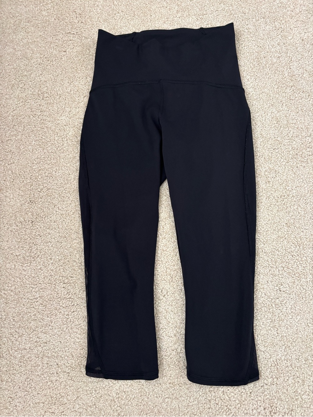 Lululemon train times crop black leggings sz 4. Sheer panels.